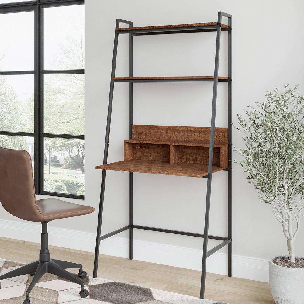 Vifah District 71 in. Walnut Wood 2 Shelf Ladder Bookcase with Desk V827