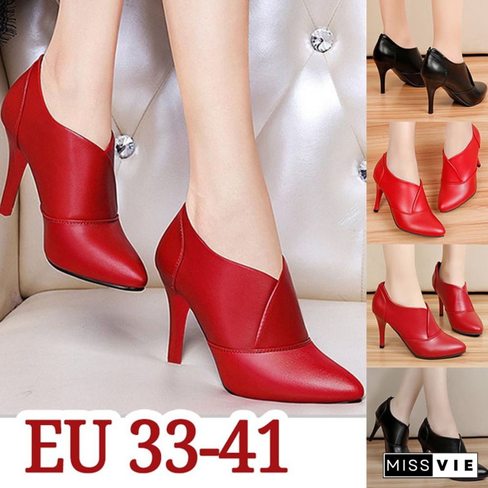 33-41 Fashion Women Leather High Heels Dress Shoes Pointed Toe Ankle Boots Thin Heels Pumps