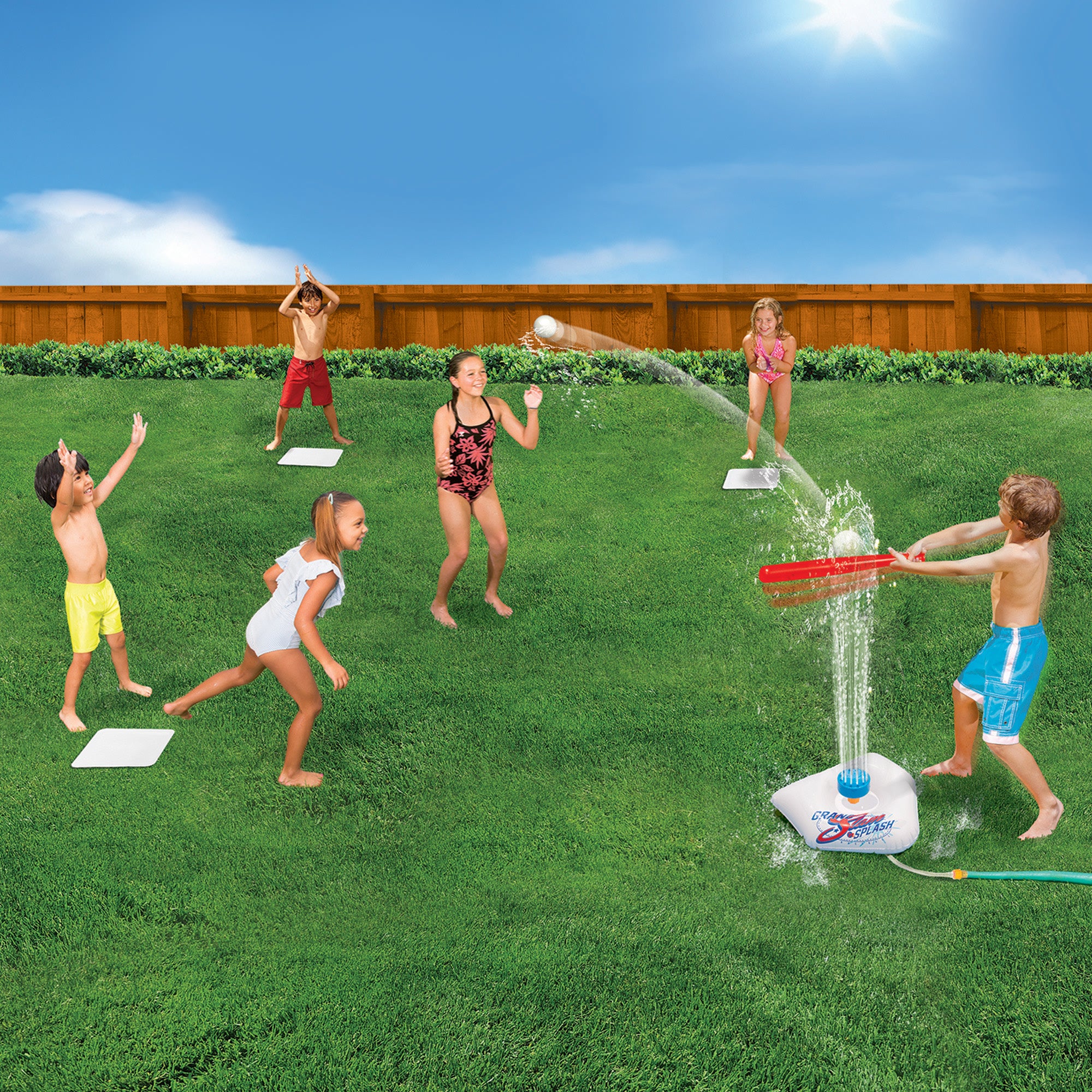 Banzai Splash & Slam Baseball - Tee & Sprinkler Water Sports Game - Includes Plastic Bat + 2 Plastic Balls + Home Plate & Bases, , Backyard Batting Practice, Kids Ages 3