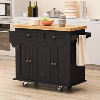 Black MDF Wood 43.31 in. W Kitchen Island Cart with 2-Storage Cabinets and 2-Locking Wheels cartjinx2