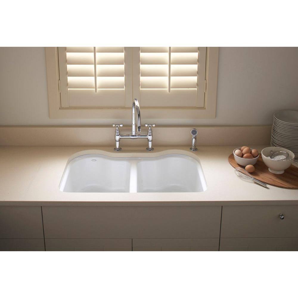 KOHLER Hartland Undermount Cast-Iron 33 in. 5-Hole Double Bowl Kitchen Sink in Biscuit K-5818-5U-96