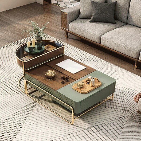 39.37'' Modern Lift-top Nesting Coffee Table Set with Drawer-- Green