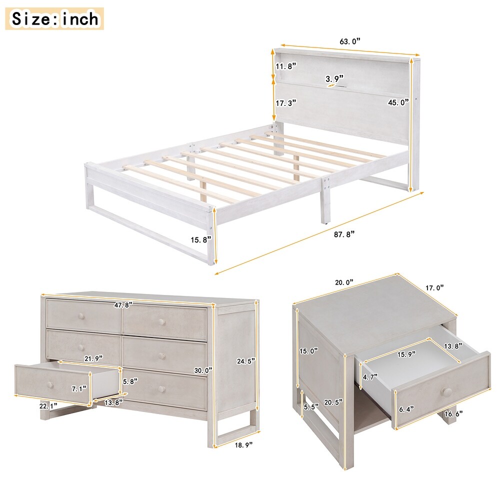 3 Piece Bedroom Set  Wood Queen Size Platform Bed W/Built in USB Port  Modern Nightstand and Dresser  for Bedroom  Apartment