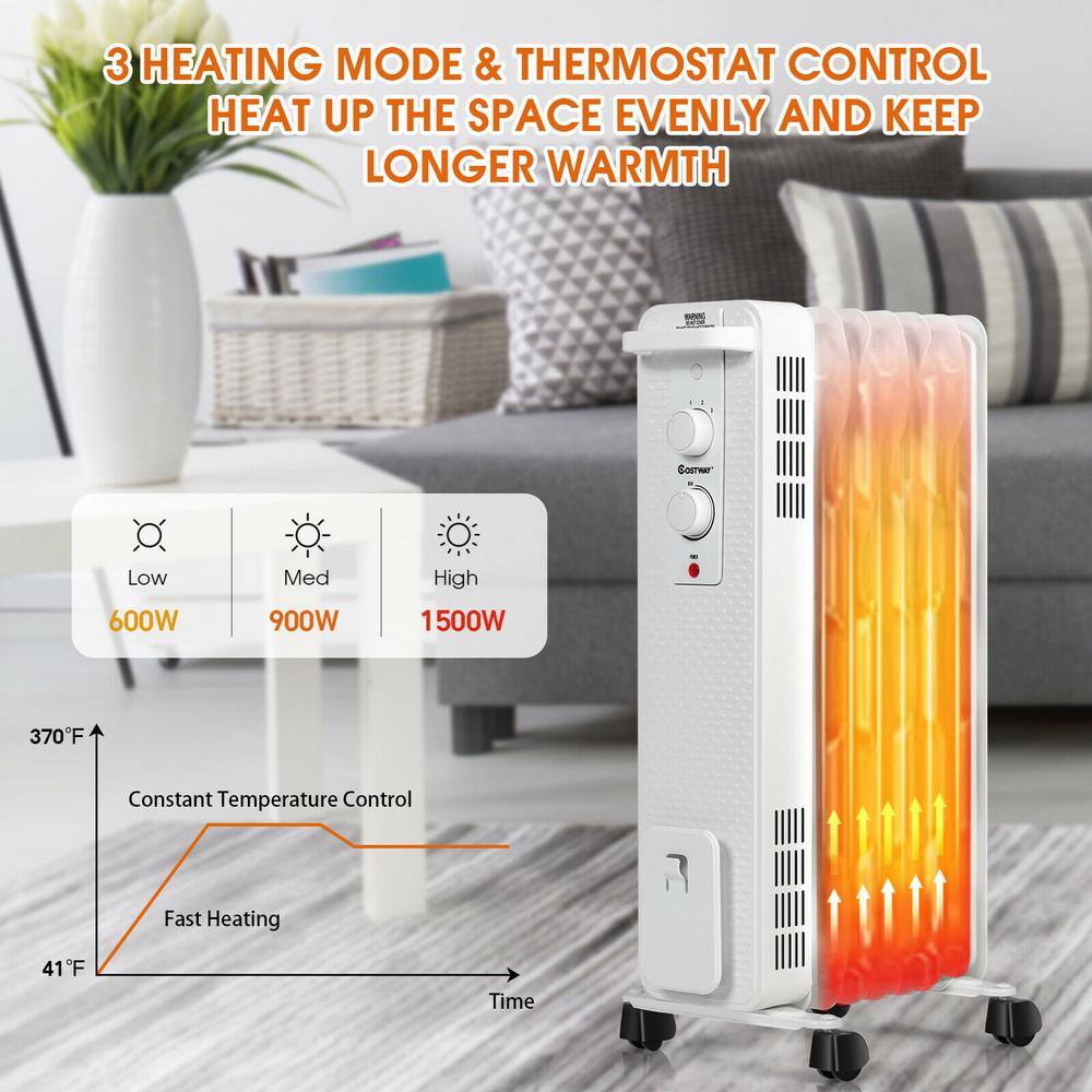 Costway 1500-Watt Electric Oil-Filled Radiant Space Heater with Adjustable Thermostat EP24918US-WH