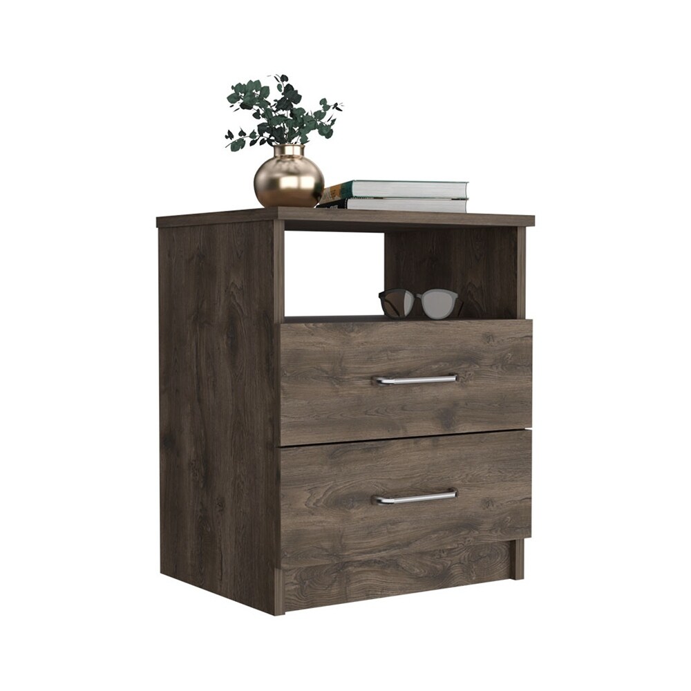 Dark Brown 2 Drawer Nightstand Bedside Table with Shelf