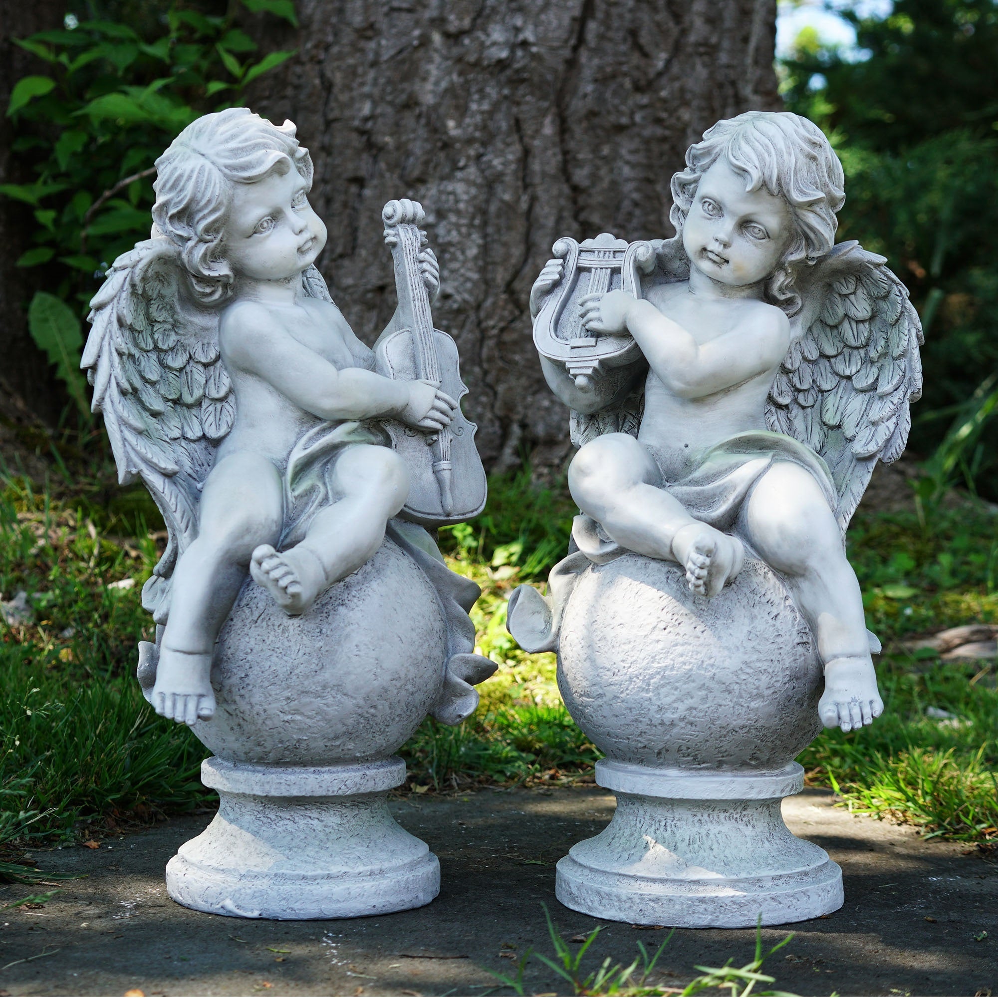 14.75" Ivory Set of 2 Cherub Angels with Violin and Harp Sitting on Finials Outdoor Garden Statues