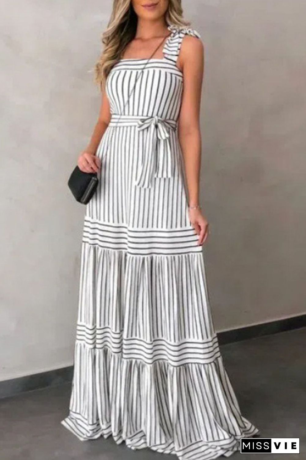 Sexy Casual Striped Bandage Patchwork Spaghetti Strap Pleated Dresses