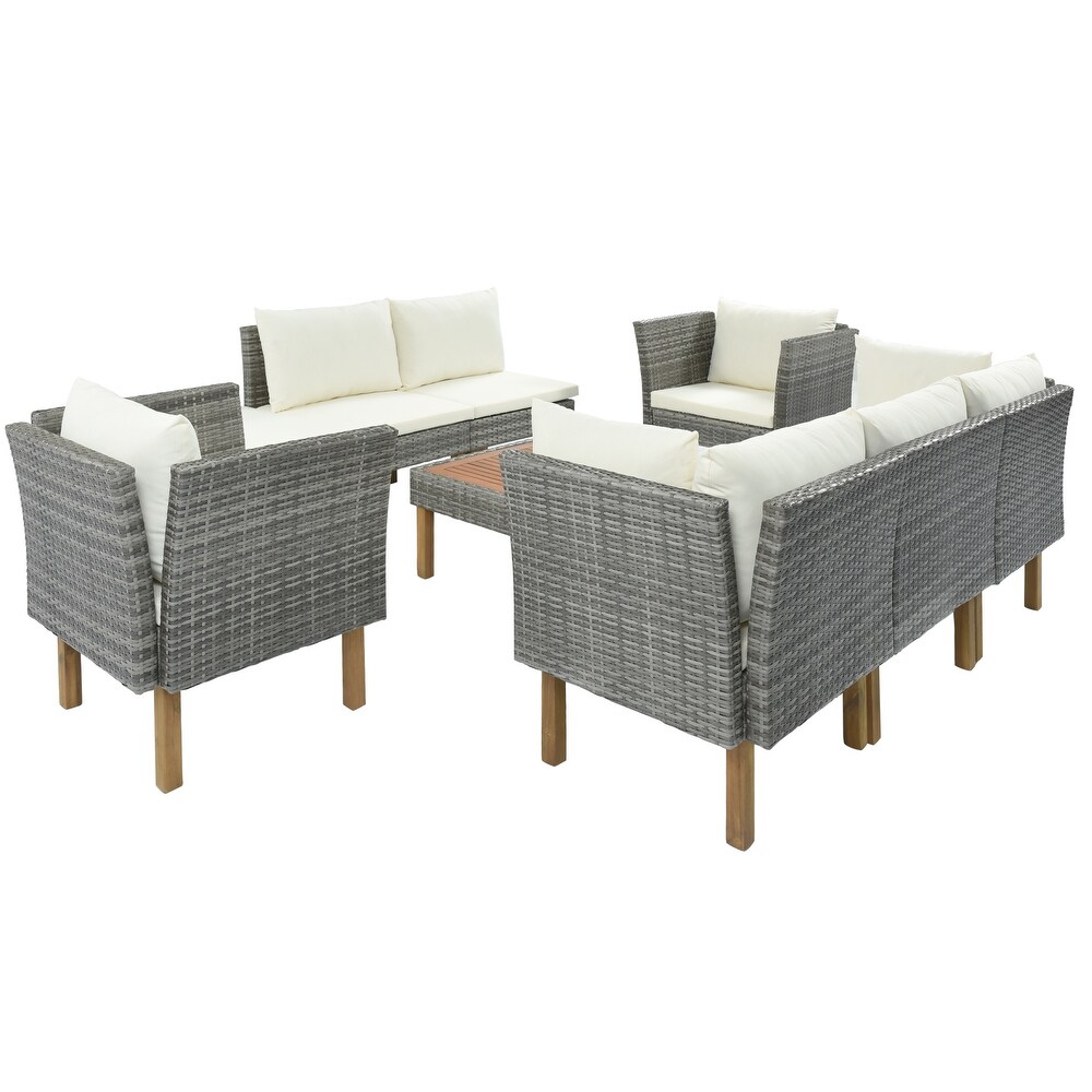 9 Piece Outdoor Patio Garden Wicker Sofa Set  Gray PE Rattan Sofa Set  with Wood Legs  Acacia Wood Tabletop  Armrest Chairs