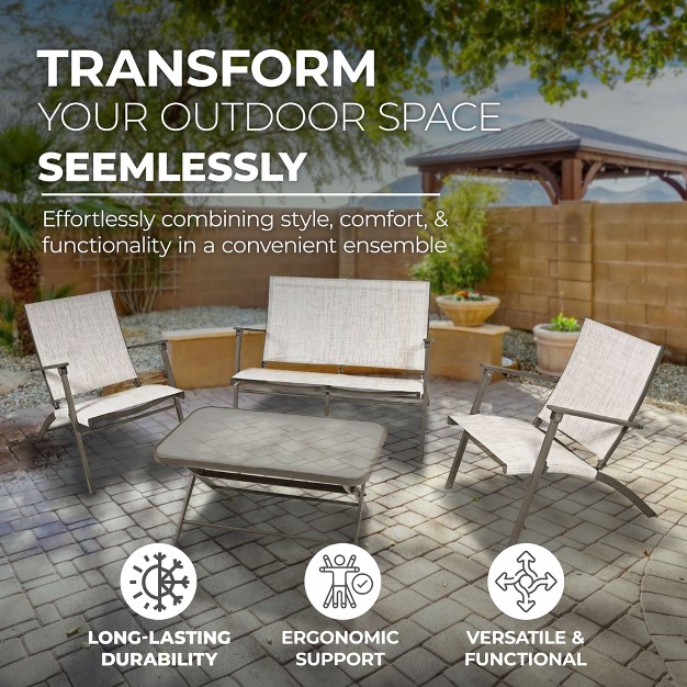 Four Seasons Courtyard Novara 4 Piece Steel Folding Outdoor Conversation Set With 2 Folding Chairs 1 Loveseat And 1 Table Tan espresso