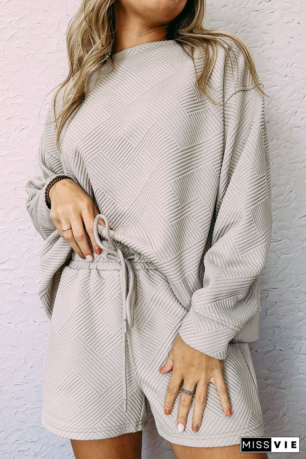 Gray Textured Long Sleeve Top and Drawstring Shorts Set