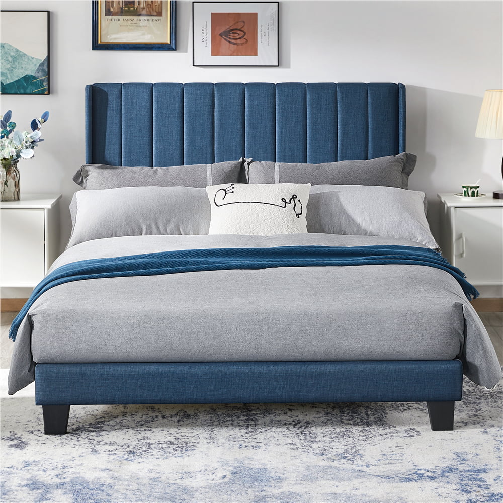 Alden Design Upholstered Platform Queen Bed with Channel Stitching, Navy Blue