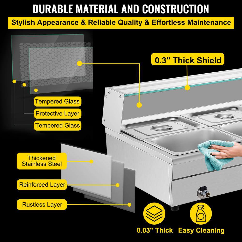 VEVOR 6 Pan x 12 GN Stainelss Steel Commercial Food Steam Table 6 in. Deep 1500-Watt Electric Countertop Food Warmer 66 Qt. BLZBWTC6PB2600001V1