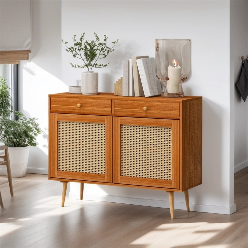 Storage Cabinet with 2 Drawers  Rattan Doors and Wooden Legs