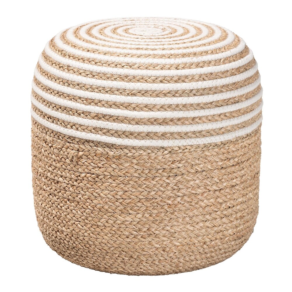 Nequiel Modern Bohemian Natural Brown Seagrass and Woven Rope Ottoman Footstool