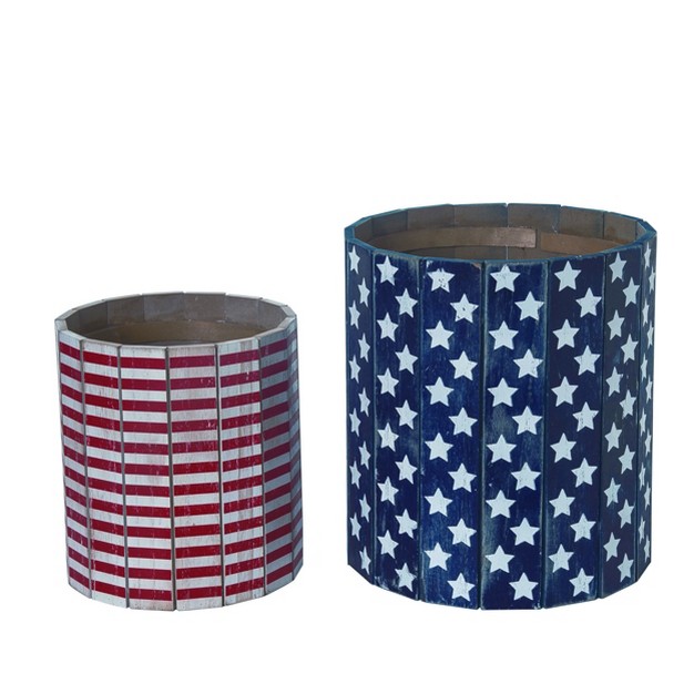 Transpac Wood 13 In Multicolor Patriotic Slatted Americana Barrel Set Of 2