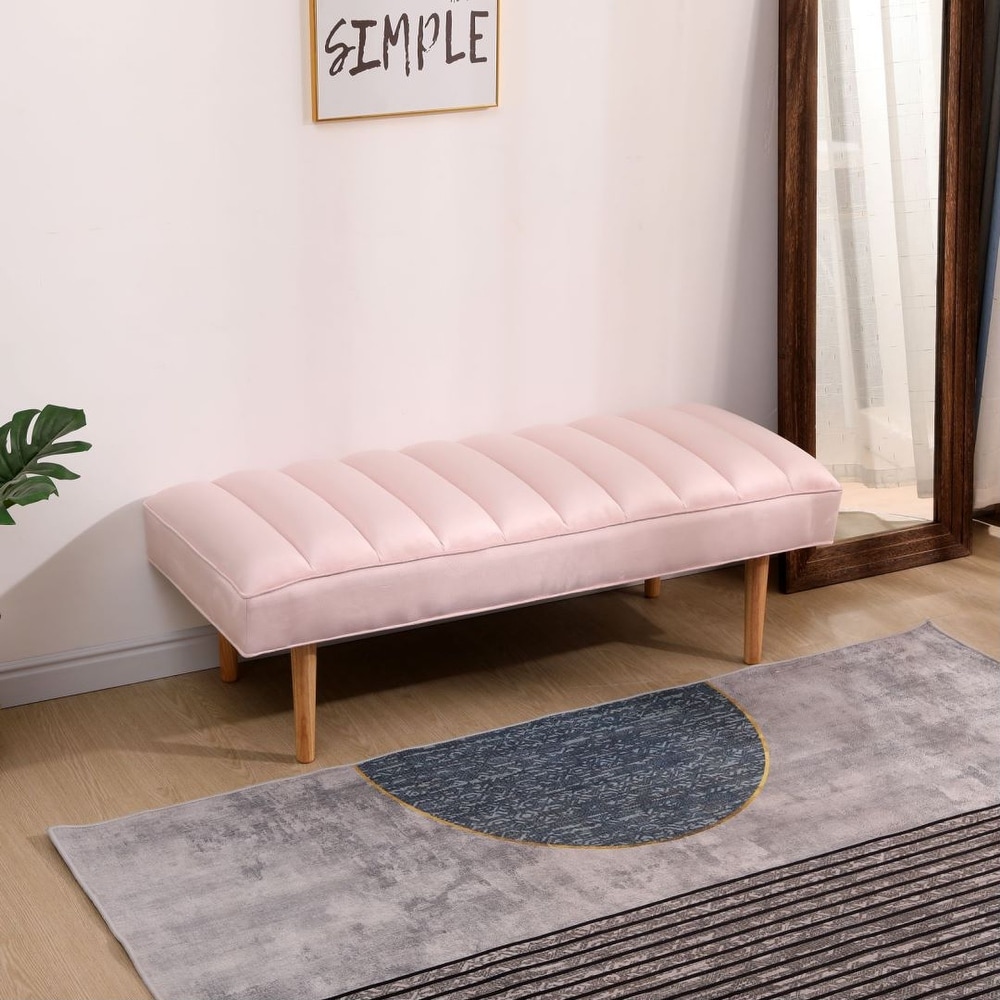 Pink Upholstered Bench Channel Tufted Ottoman with Wood Legs