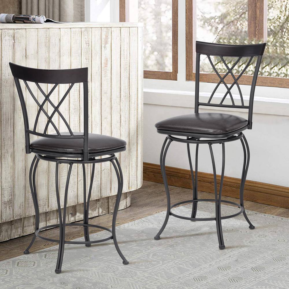 Homy Casa Wichita 24 in.Black High Back Metal Frame Swivel Counter BarStool With Faux Leather Cushioned Seat(Set of 2) WICHITA 24 2PCS