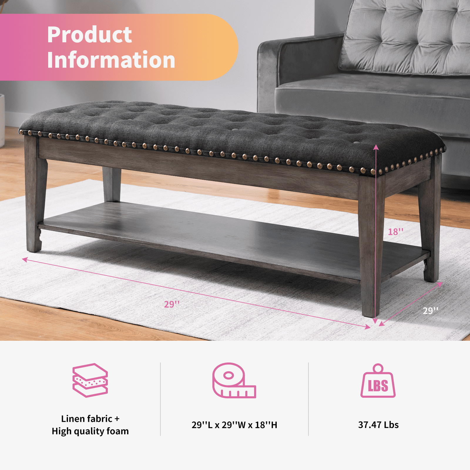 MUZZ Large Rectangular Upholstered Bench, Tufted Linen Ottoman Storage Benches with Solid Wood, Bed Bench with Storage Shelf, Entryway Bench for Bedroom/Living Room/Apartment (Dark Grey)