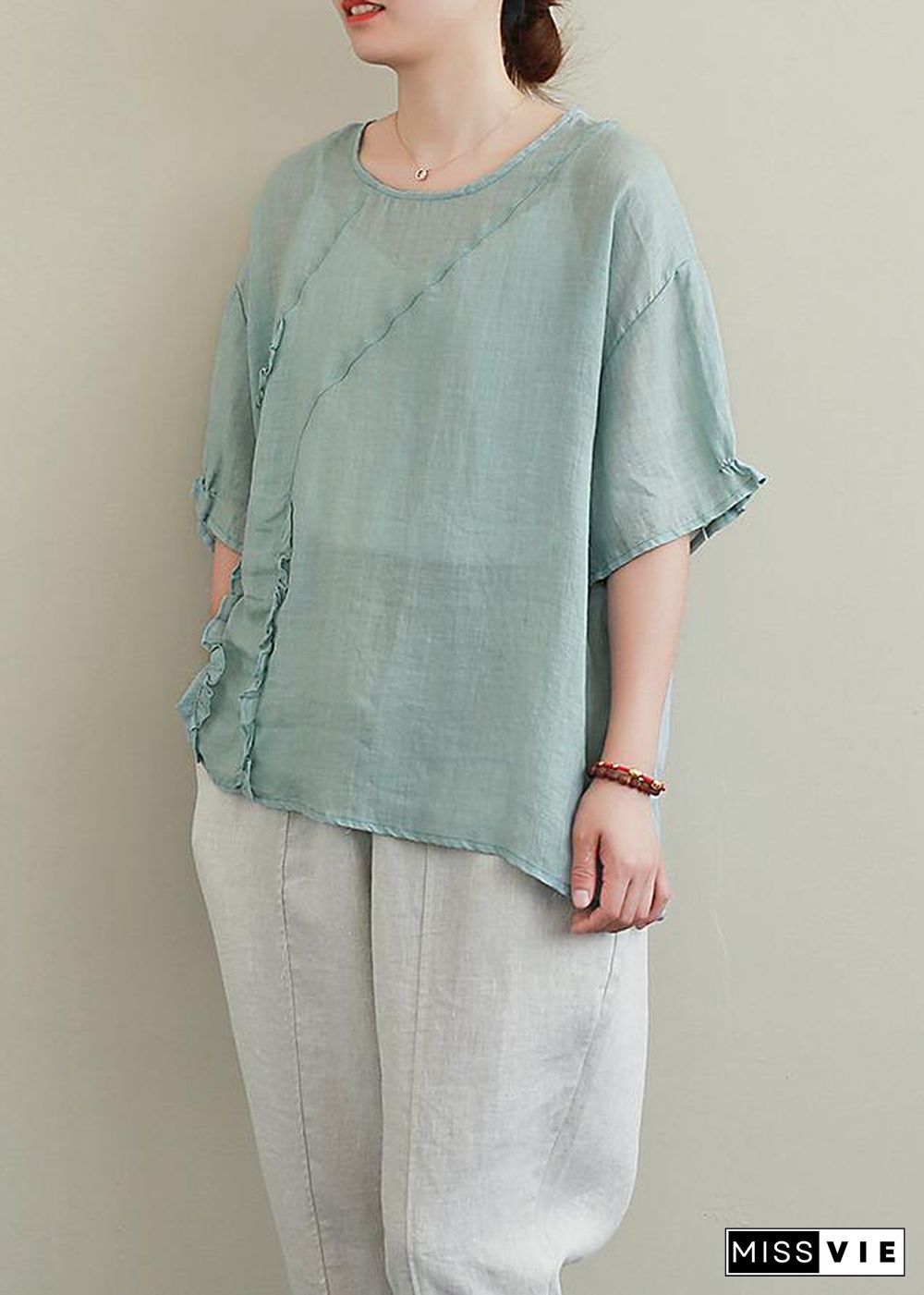 diy green linen tops o neck Ruffles oversized blouses