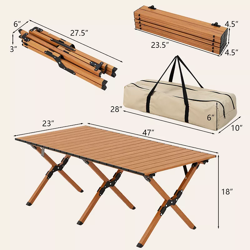 Folding Lightweight Aluminum Camping Table with Wood Grain