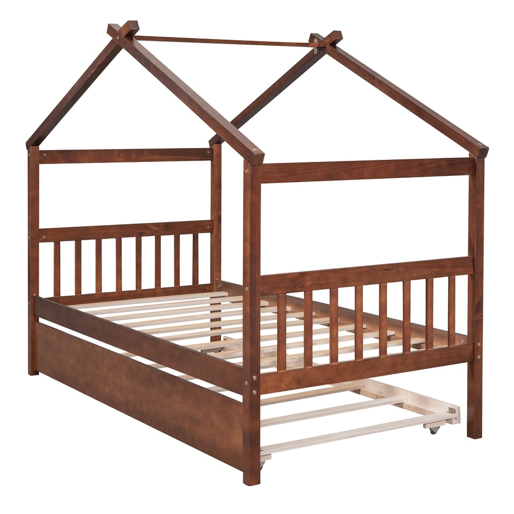 Twin Imaginative House Daybed with Headboard for Kids Girls Boys  Wooden Storage Platform Bedframe w/Trundle   Sky Roof  Walnut