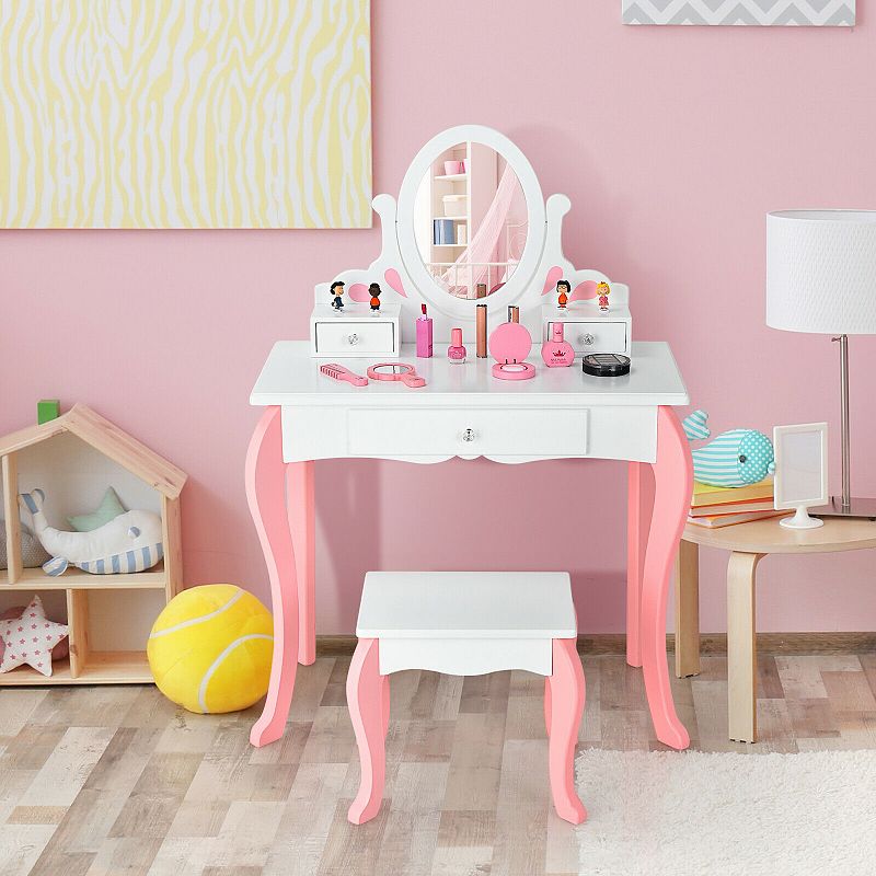 Kids Vanity Princess Makeup Dressing Table Stool Set With Mirror And Drawer