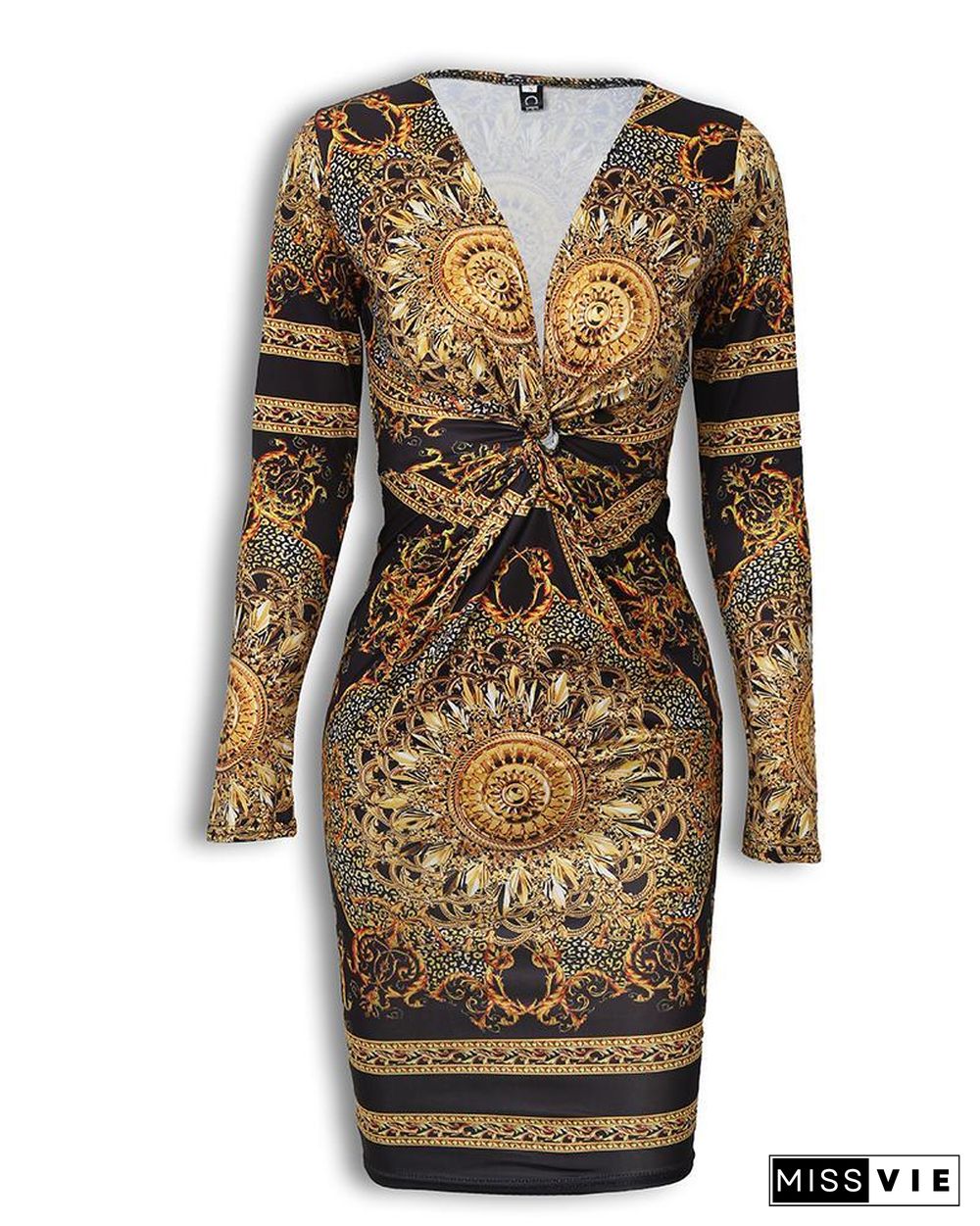 Retro Print Twist Front Long Sleeve Dress P14364