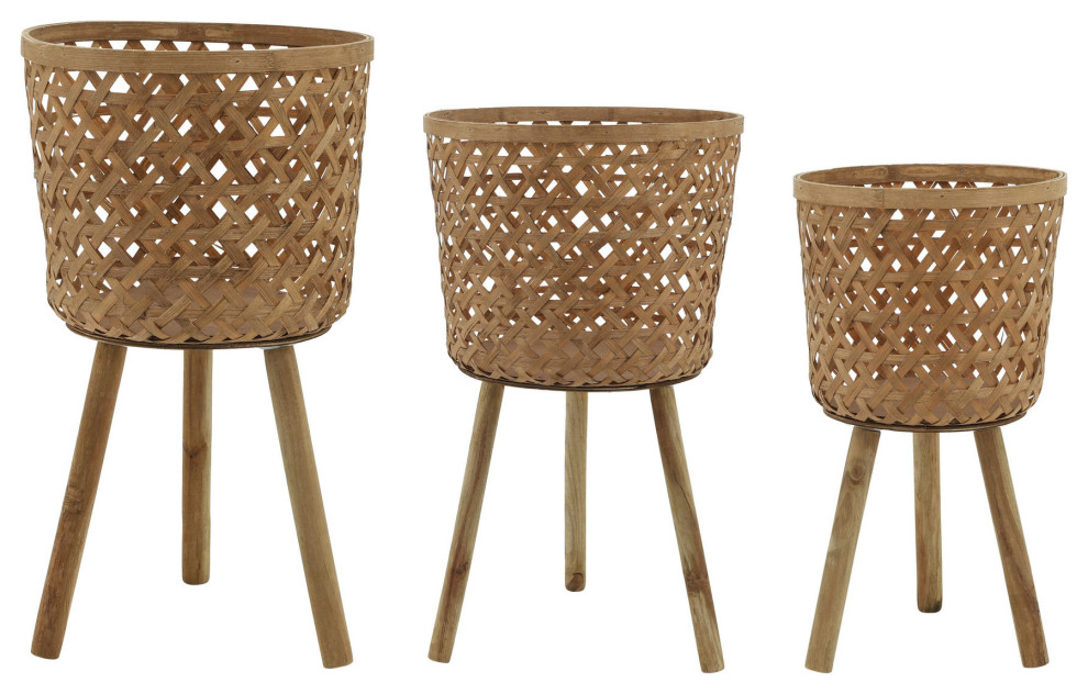 S/3 Bamboo Planters 11/13/15 quotNatural  Net Pattern   Tropical   Outdoor Pots And Planters   by Kolibri Decor  Houzz