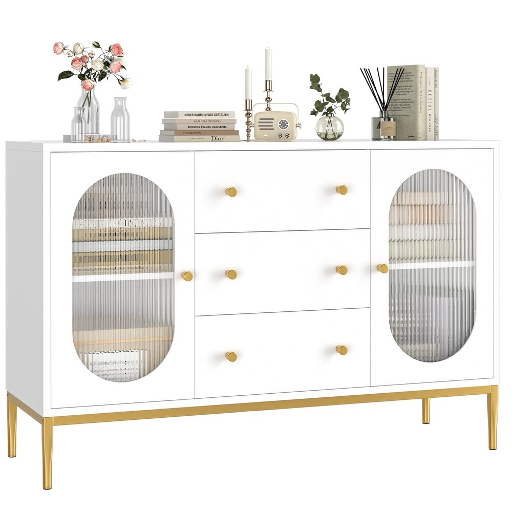 Dresser  Large White Dresser with Fluted Glass Doors and Gold Metal Legs  White Dresser for Bedroom  Modern Dresser Gold Dresser