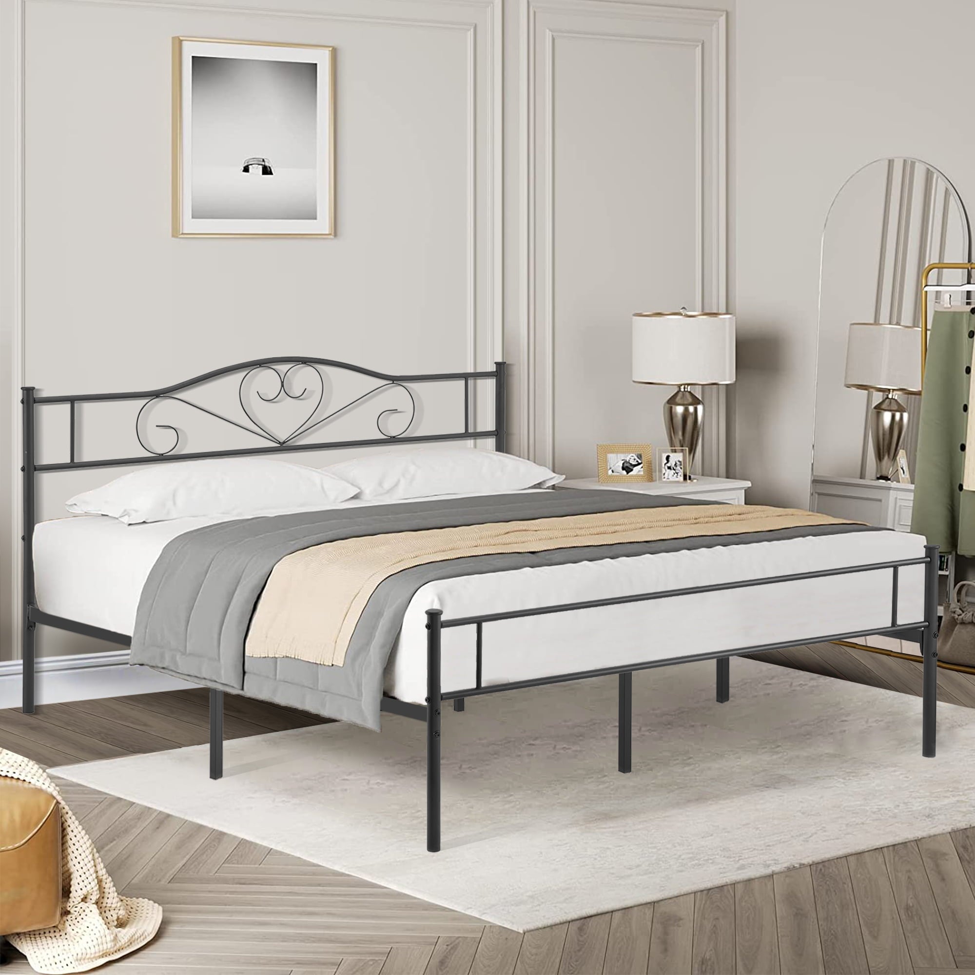 VECELO Classic Metal Platform Bed Frame with Headboard, No Box Spring Needed, Queen, Black