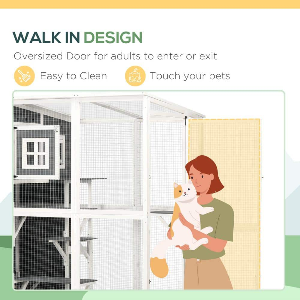 PawHut Walk-in Catio Outdoor Cat Enclosure Large for Multiple Cats of Any Size, 7 Jumping Platforms & Divided Den, Gray D32-016V00CG