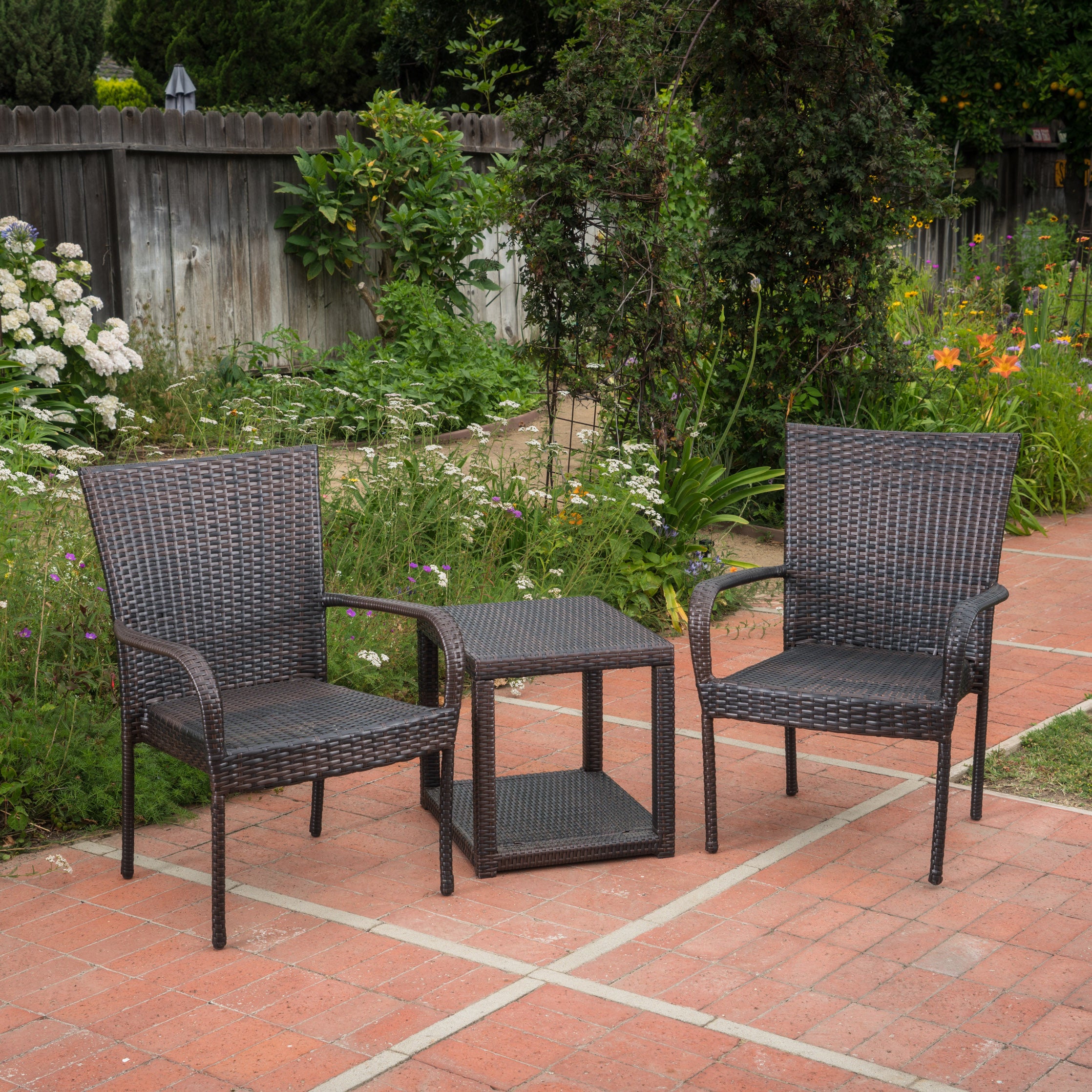 Parham Outdoor 3 Piece Multi-brown Wicker Stacking Chair Chat Set