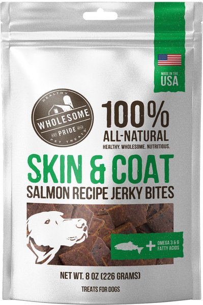 Wholesome Pride Pet Treats Functional Skin and Coat Support Salmon Recipe Jerky Bites Dog Treats， 8-oz