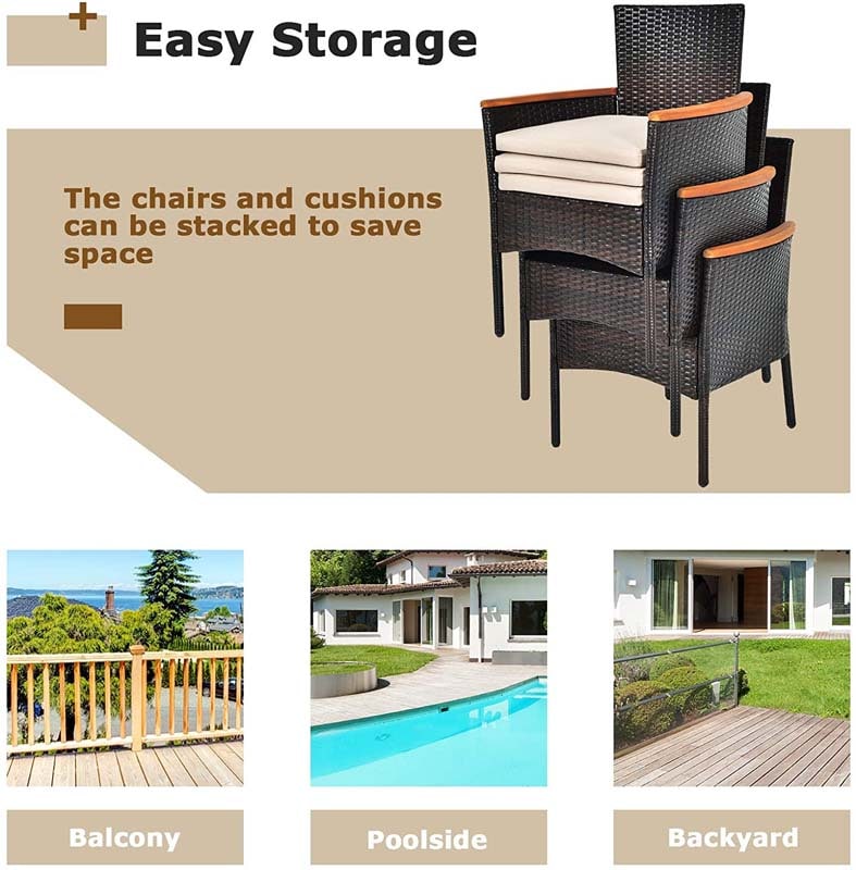 7 Pcs Rattan Patio Dining Set with Umbrella Hole, Acacia Wood Tabletop & Cushioned Stackable Armchairs