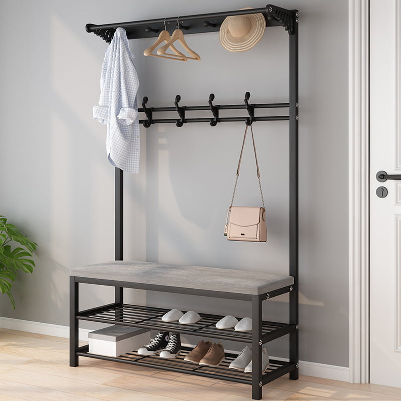 3-in-1 Entryway Bench with Coat Rack with Shoe Rack， Shoe Cubbies Wide Hall Tree with Coat Hooks， Black