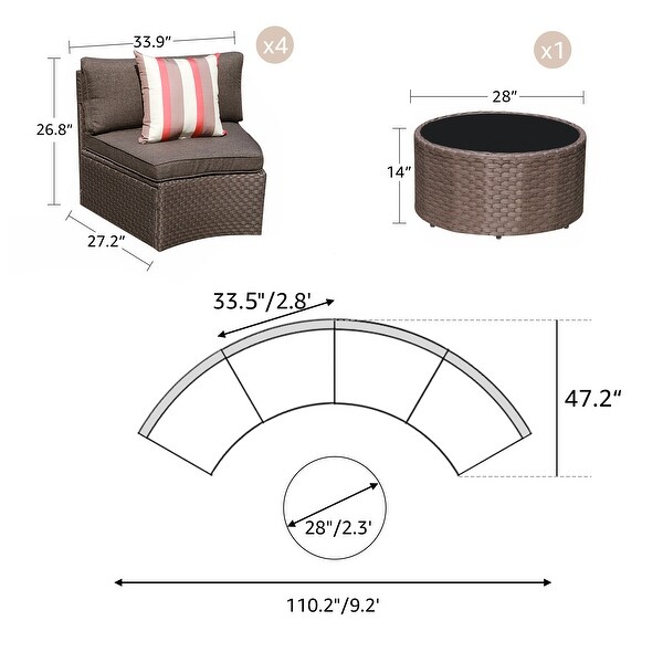 Cushioned Wicker Halfmoon 5piece Outdoor Sectional Set