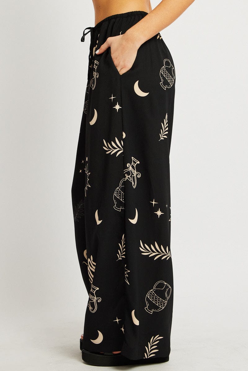 Black Abstract Wide Leg Pants High Rise