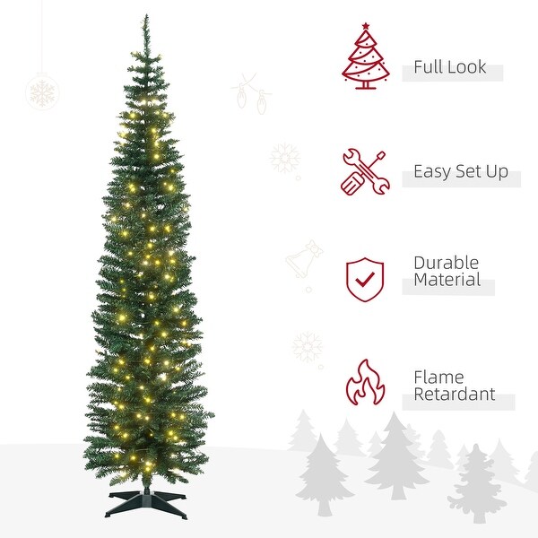 HOMCOM 7ft Tall PreLit Slim Noble Fir Artificial Christmas Tree with Realistic Branches，200 Warm White LED Lights，Green