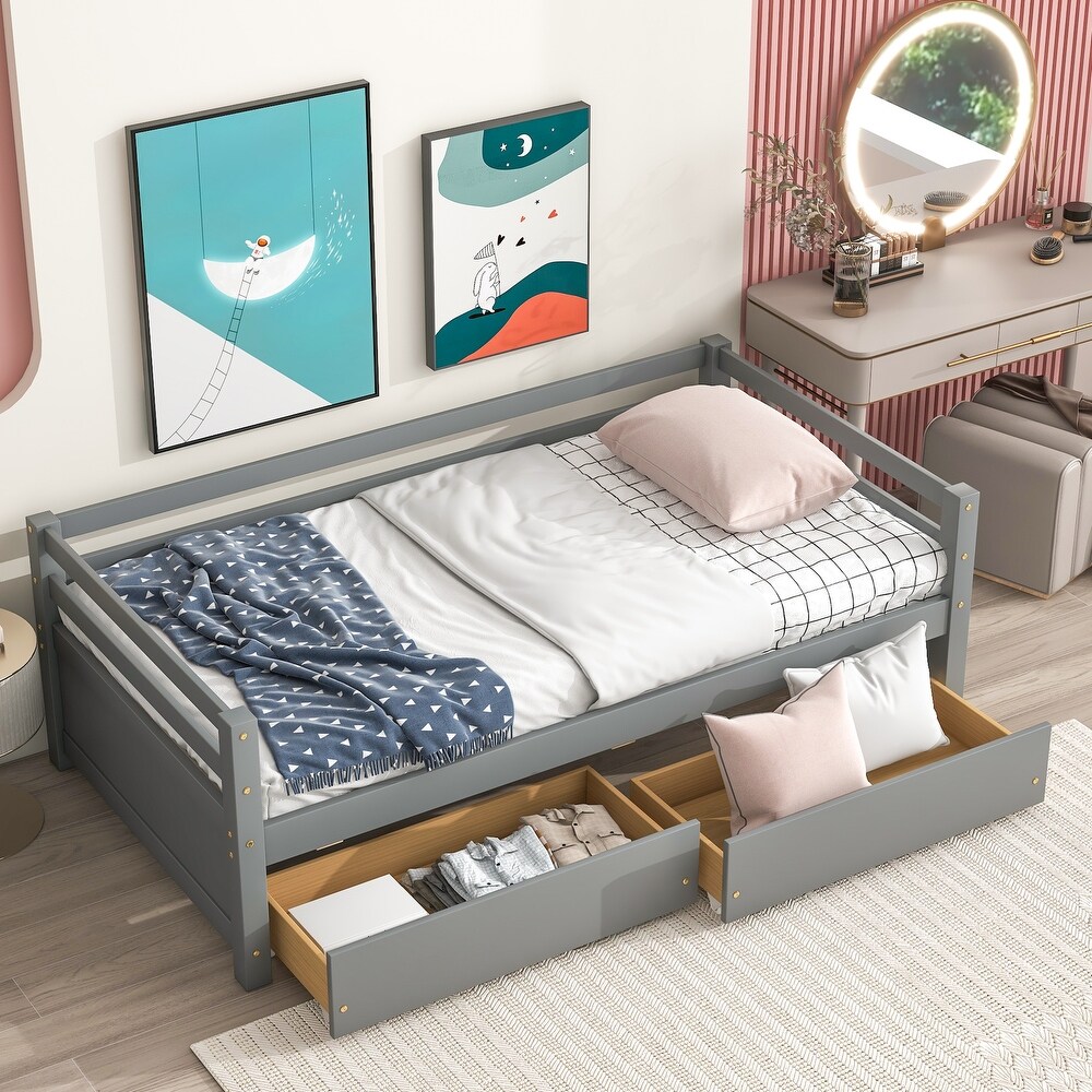 Twin Size Upholstered Daybed w/ Drawers Storage Platform Bed Frame for Kids  Teens  Girls  Boys  Easy Assembly/Space Saving