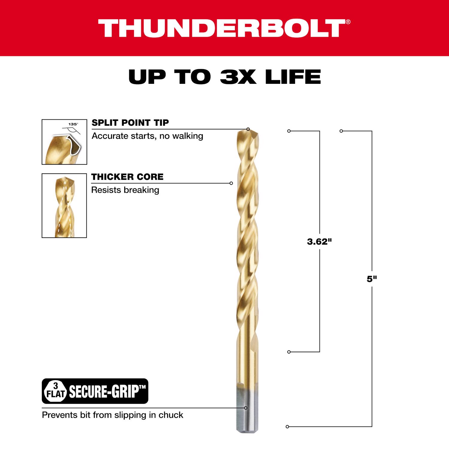 MW Thunderbolt 3/8 in. X 5 in. L High Speed Steel Drill Bit 1 pc