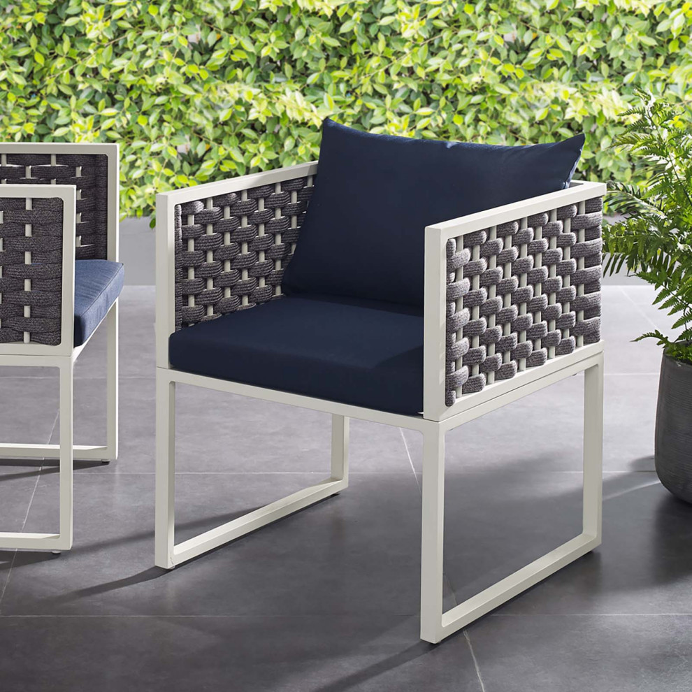 Modern Outdoor Dining Chair  Fabric Metal Aluminum Steel  Navy Blue White   Contemporary   Outdoor Dining Chairs   by House Bound  Houzz