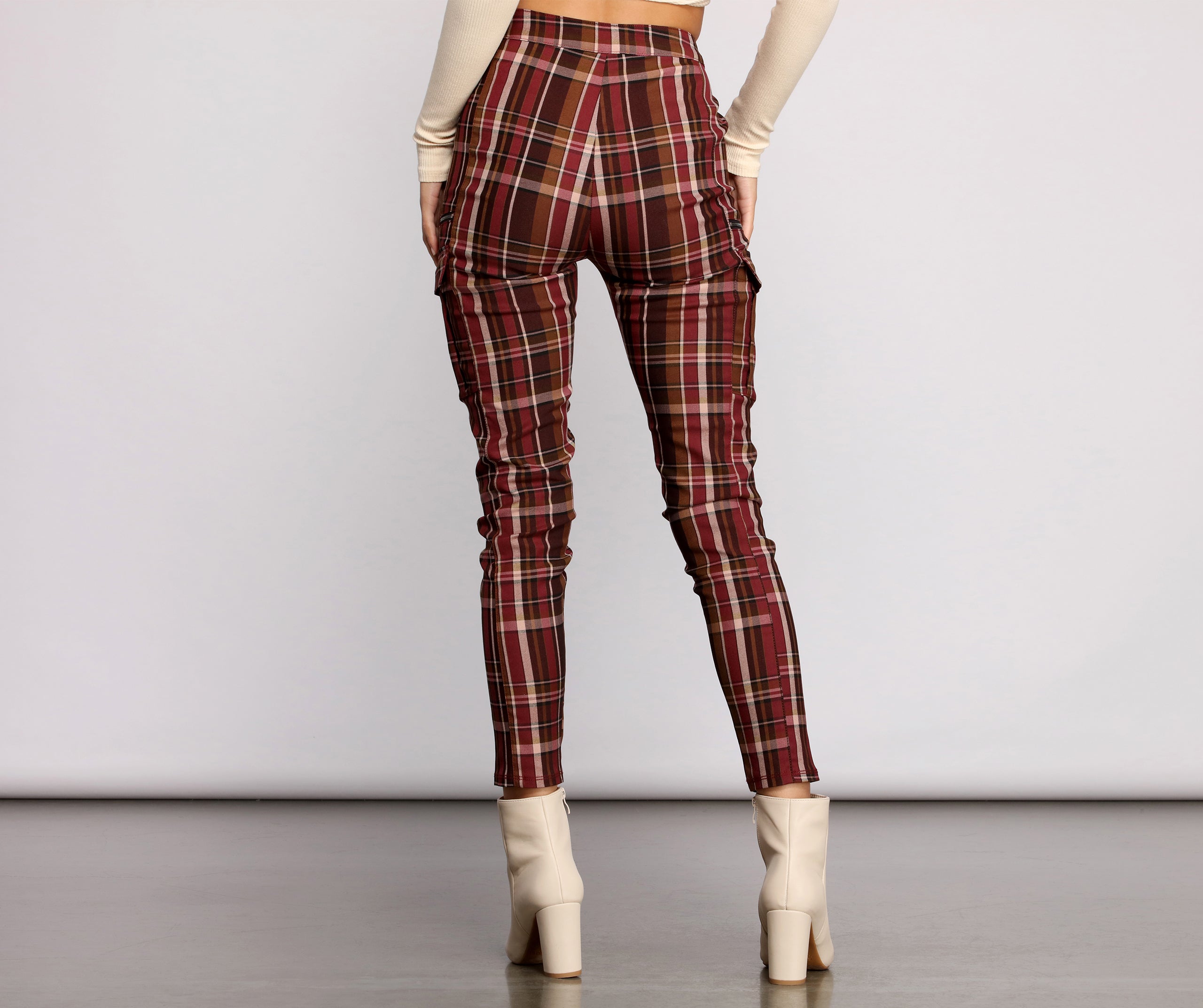 High Waist Plaid Cargo Skinny Pants