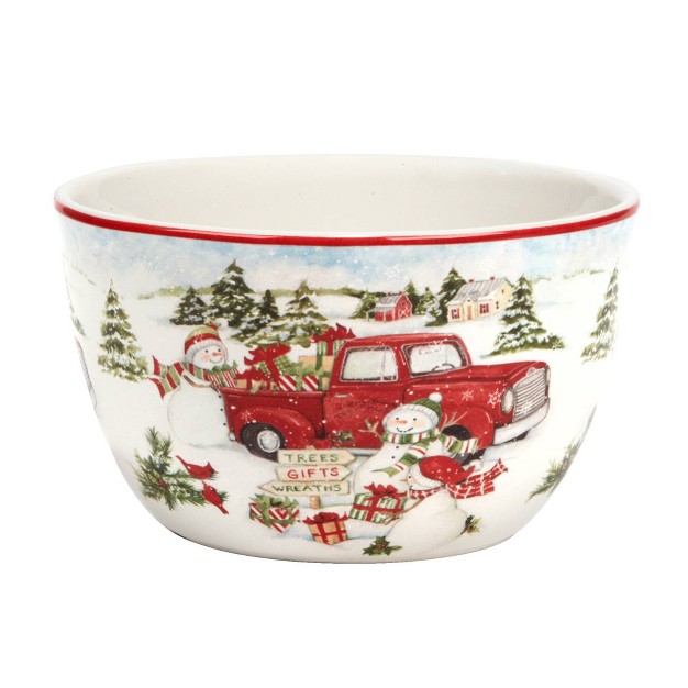 Set Of 4 Red Truck Snowman Dining Ice Cream Bowls Certified International