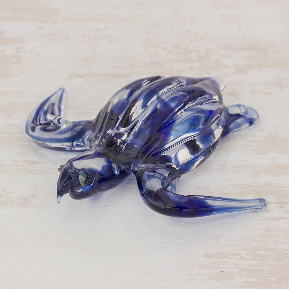 Handmade Marine Turtle In Blue Art Glass Figurine (Costa Rica)   0.6\