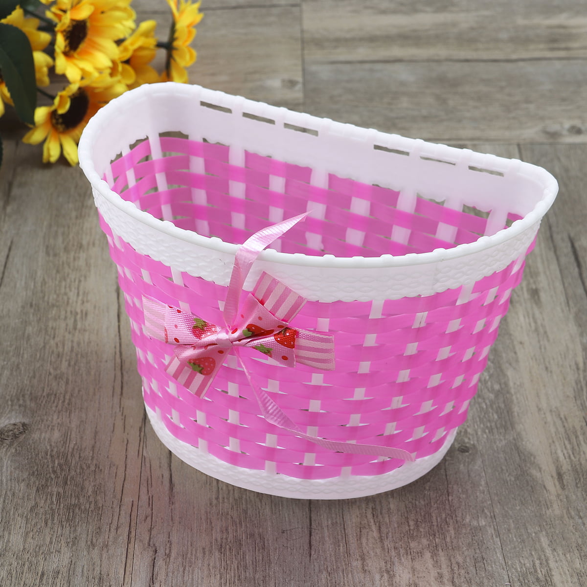 Hemoton Love Bike Basket Outdoor Knitted Bowknot Front Basket For Children Girl - Size S(Pink)