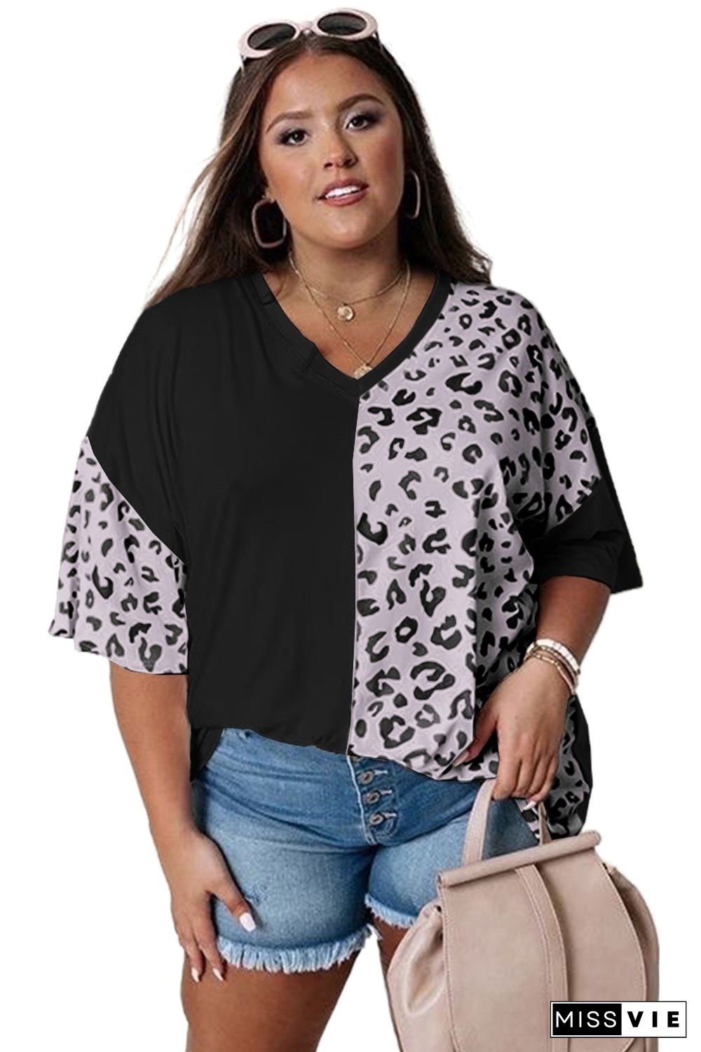 Black Plus Size Leopard Patchwork Short Sleeve Top