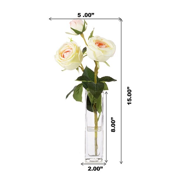 Enova Home Artificial Silk Rose Flower in Clear Glass Vase Faux Rose Flower with Vase For Home Office Decoration