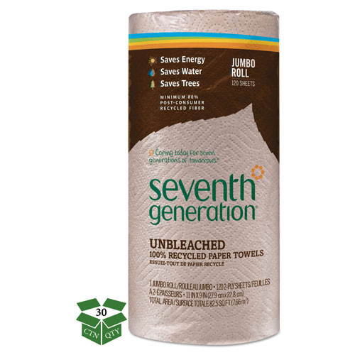 Unilever Seventh Generation Natural Unbleached 100% Recycled Paper Towel Rolls |11 x 9， 120 Sheets per Roll，30 Rolls per Case， 7，200 Sheets Total | SEV13720-CS