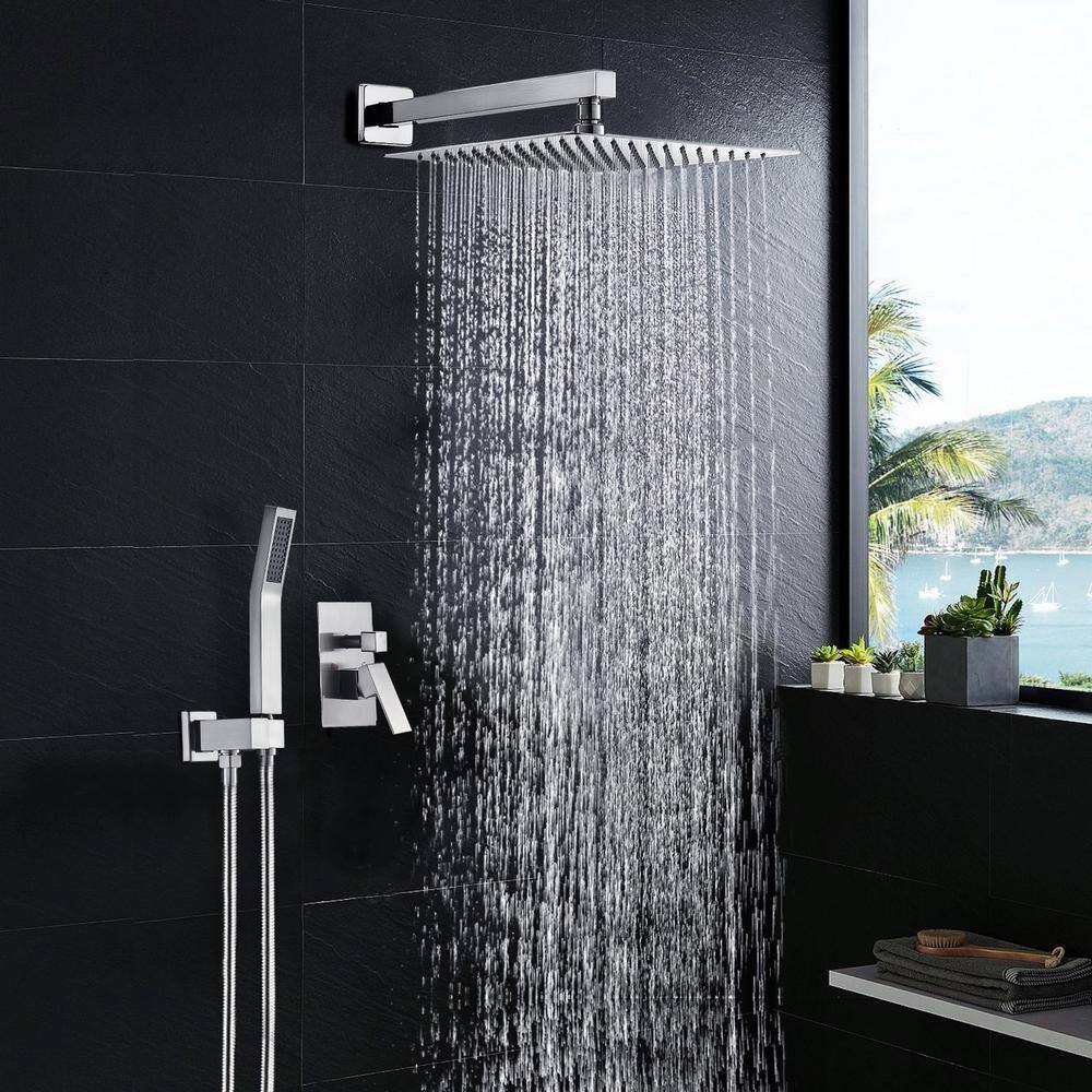 Zalerock Rainfall 1-Spray Square 10 in. Shower System Shower Head with Handheld in Brushed Nickel (Valve Included) KSA022