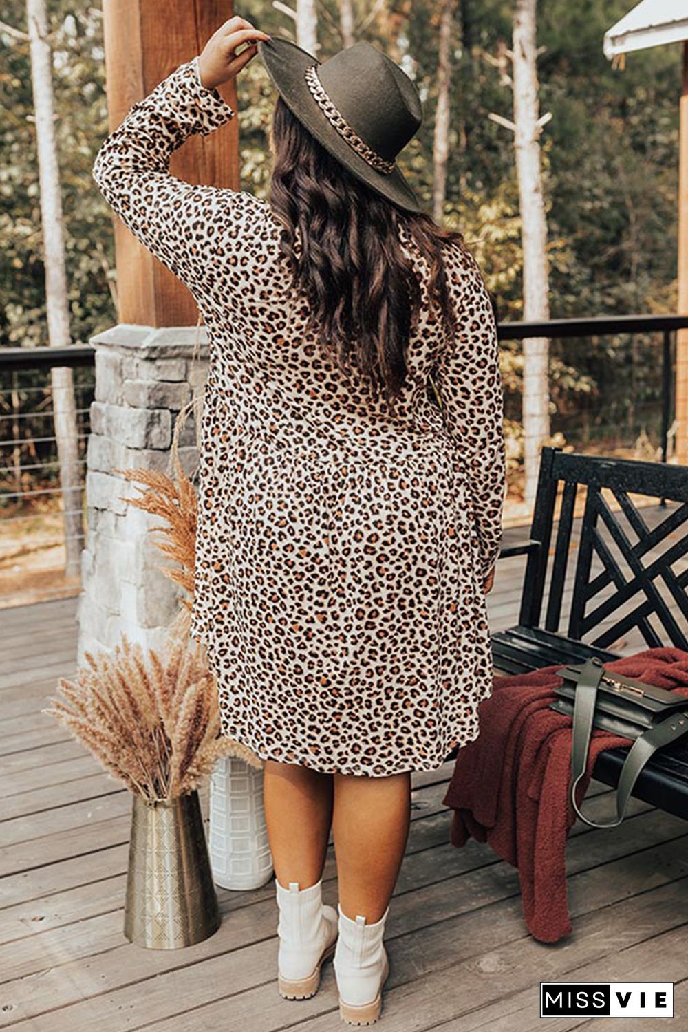 Plus Size Leopard Long Sleeve Midi Dress